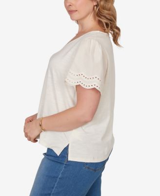 Plus Size Eyelet Poplin-Sleeve Slub Knit Top