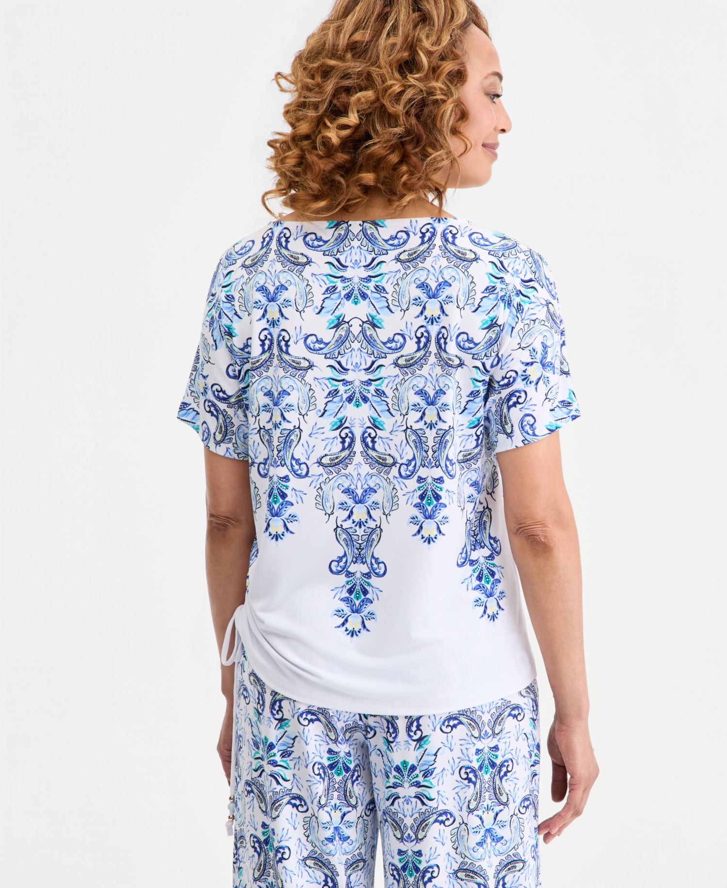 Women's Printed Side Ruched Boat-Neck Top