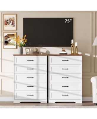 Farmhouse 5 Drawers Dresser for Bedroom, 44'' Tall Chest of Drawer, Wooden Vertical Dresser with Metal Handles and Stable Base