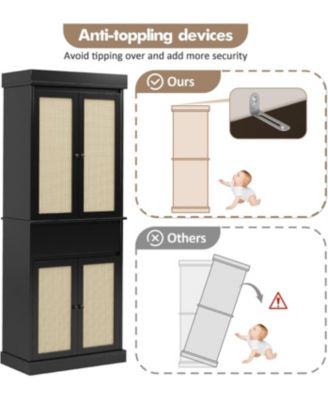 70" Rattan Pantry Cabinet, Pantry Storage Cabinet with 4 Doors, Freestanding Cupboard with 3 Adjustable Shelves