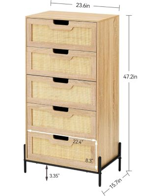 5-Drawer Rattan Dresser, Tall Wood Chest with Metal Legs, Mid-Century