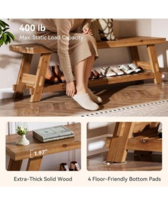 63" Solid Wood Bench, 2-Tier Shoe Rack, Farmhouse Entryway Bench with Storage Shelf, Kitchen Dining Bench