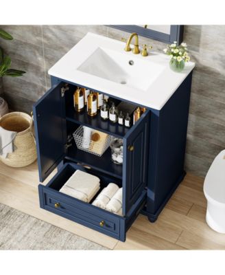 24" Modern Freestanding Solid Wood Bathroom Vanity with Ceramic Sink, Adjustable Shelf Storage, Soft-Close Cabinet & Drawer