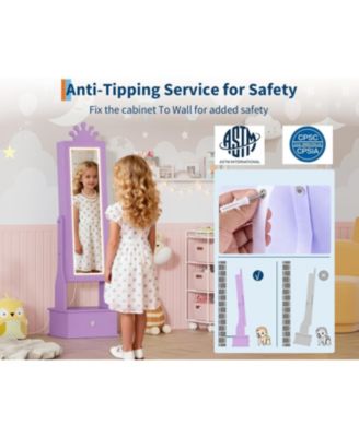 Kids Jewelry Armoire with Full-Length Mirror and LED Light, Child Jewelry Cabinet with 3 Storage Drawers