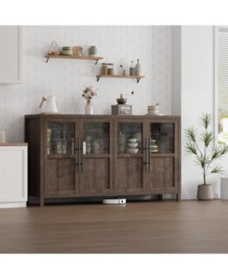Sideboard Buffet Cabinet with 4 Glass Doors, 55 in Buffet Table Coffee Bar Wine Bar Display Cabinet for Kitchen Dining Room