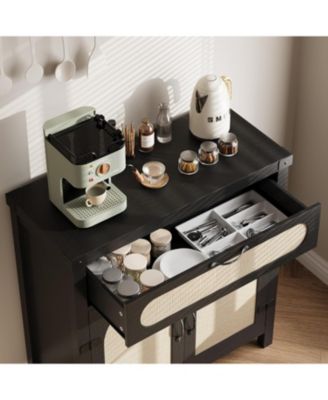 Rattan Cabinet with Drawer Buffet Sideboard with Synthetic Rattan Doors Adjustable Storage