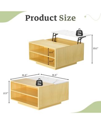 Lift Top Coffee Table with Storage - Fluted Wood Square Center Table with Open Storage, for Living Room, Home Office