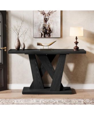 55-Inch Farmhouse Console Table, Entryway Table with Geometric Base, Narrow Sofa Table Rustic Wood Hallway Table