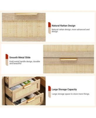 rattan nightstand with 3 drawers and a storage shelf, boho bedside table with sturdy wood legs, ideal for kids’ rooms or farmhouse bedrooms.