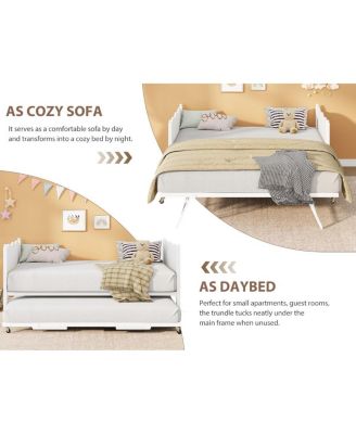 Twin Daybed with Trundle, Industrial Wood Grain Headboard, Steel Slat Support, Lockable Casters, Space-Saving & Multifunctional