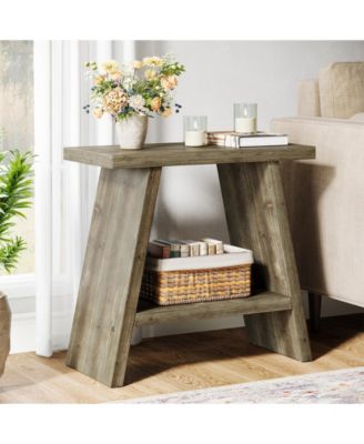 Solid Wood End Table for Living Room, Narrow Small Side Table with 2-Tier Storage