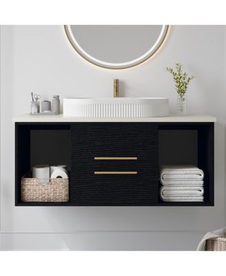 40" Wall-Mount Bathroom Vanity with Oval Ceramic Sink, Soft-Close Drawers & Open Shelf Storage for Contemporary Homes