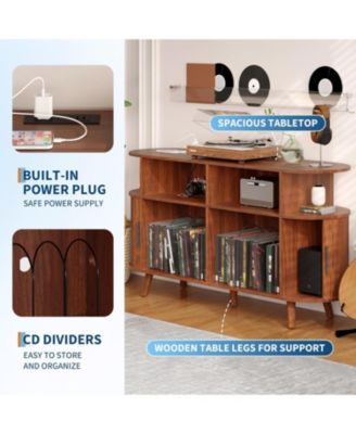 55" Fluted Mid-Century Modern Turntable Cabinet with Vinyl Storage & Round Record Stand