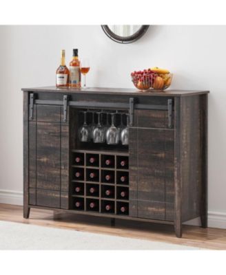 Farmhouse Bar Cabinet with Sliding Barn Doors, Rustic Liquor & Coffee Station with Wine Glass Racks & Adjustable Shelves.