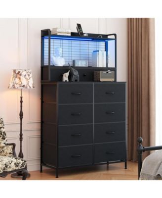 Rustic Dresser for Bedroom with Charging Station, App-Controlled RGB LED, Tall Dresser Storage Organizer with 11 Fabric Drawers