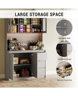71 Inch Tall Grey Kitchen Pantry Cabinet with LED Lights Charging and Microwave Shelf
