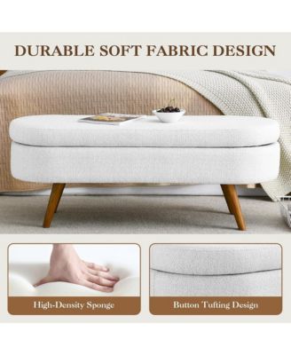 Oval Storage Ottoman Bench - Upholstered End of Bed Bench with Safety Hinge Flip Top and Solid Wood Legs for Bedroom