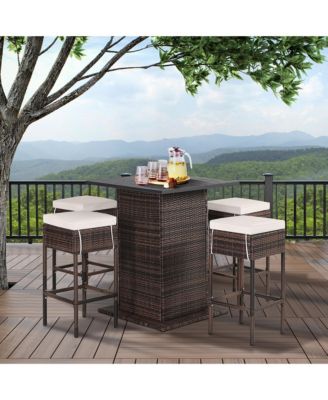 5PCS Patio Bar Set Rattan Bar Furniture Set w/ Table and 4 Cushioned Stools