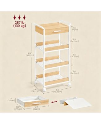 4-Tier Rolling Storage Cart with Top Board, Drawer, Mesh Shelves, Lockable Casters
