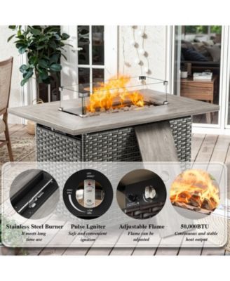 5 Pieces Patio Furniture Set, Rattan Wicker Outdoor, 4 Rattan Swivel Chairs w/30in Propane Fire Pit Table and Thickened Cushions