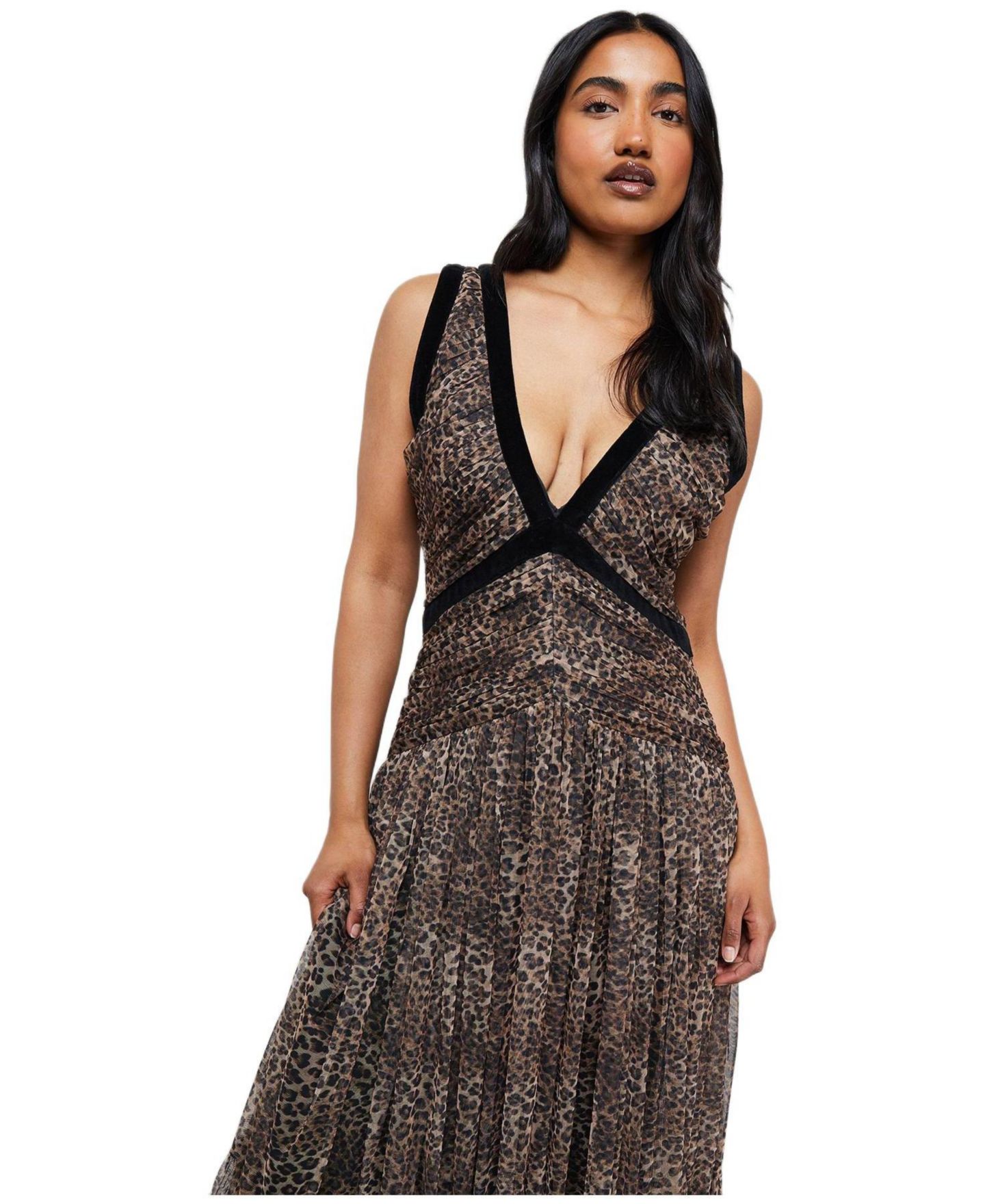 Женское платье Warehouse Velvet Trim Leopard Tulle Maxi, цвет: Анималистичный — фото 3