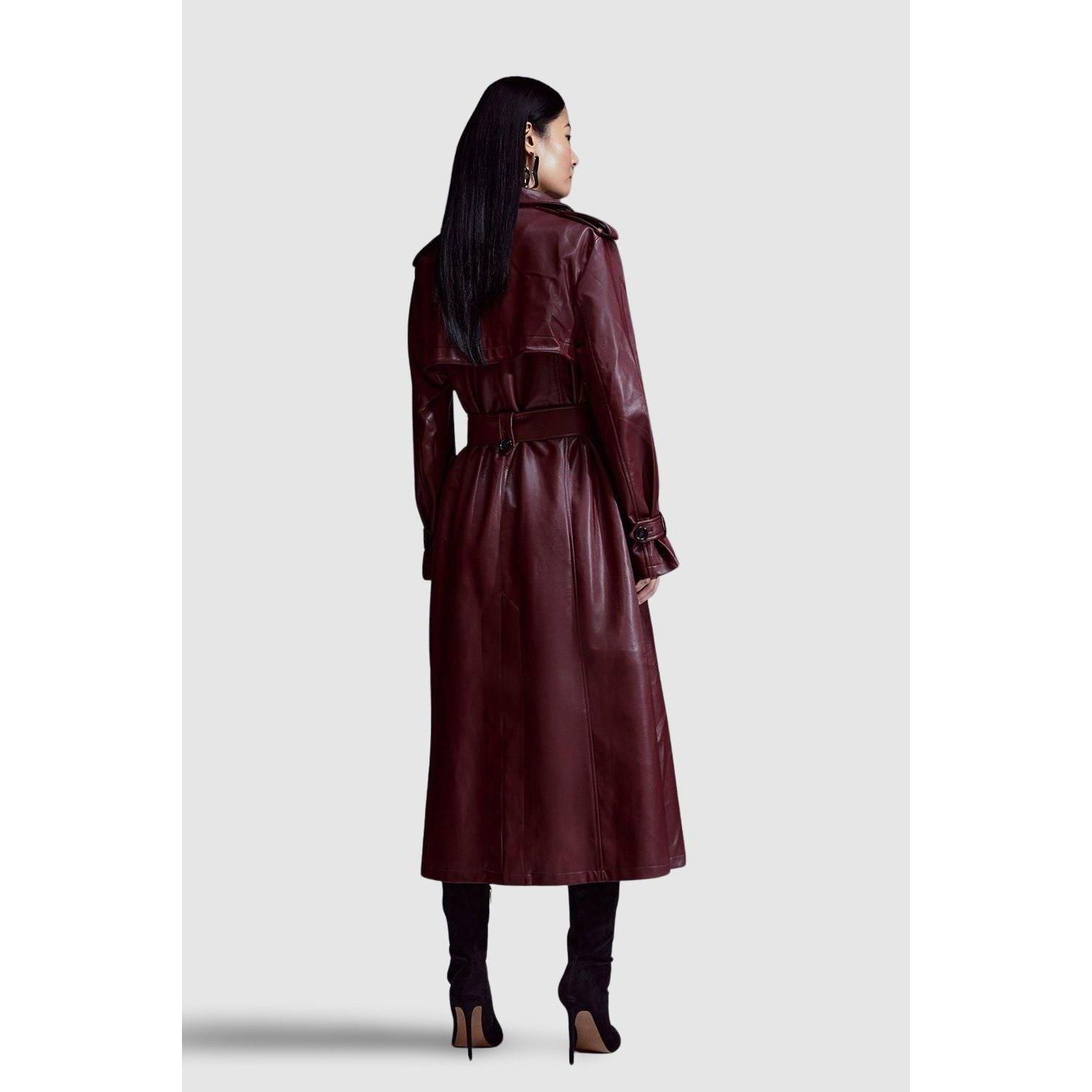 Women's Tailored Faux Leather Belted Trench Coat