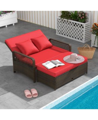 Patio Rattan Daybed Wicker Loveseat Sofa w/ Multifunctional Ottoman