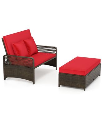 Patio Rattan Daybed Wicker Loveseat Sofa w/ Multifunctional Ottoman