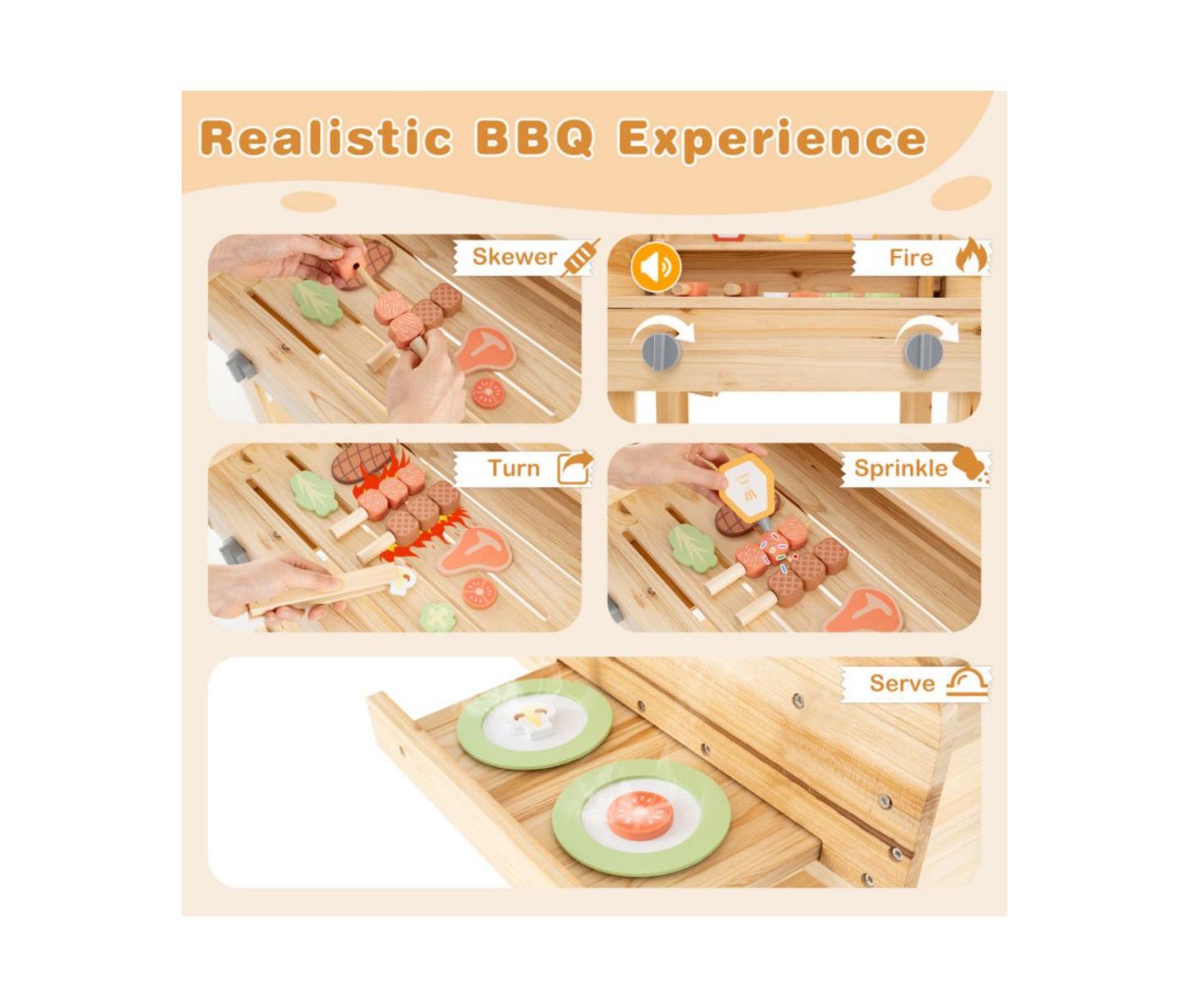 Детские игрушки HONGGE Wooden Barbecue Grill Playset with Wheels, 25-Piece Set, Ages 3+, цвет: Натуральный — фото 7