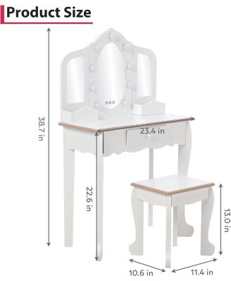 Kids Vanity Table and Chair Set with 3 Mirrors, LED Light & Drawer, Wooden Makeup Set
