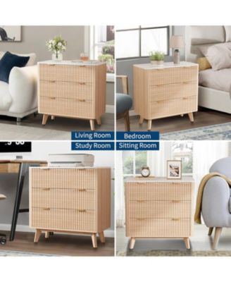32" Width Fluted Nightstand Set of 2, Modern 3 Drawer Bedside Table with Faux Marble Top, Wood Chest of Bedside Table with Curved Profile