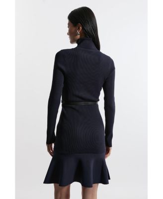 Women's Roll Neck Belted Flippy Hem Mini Dress