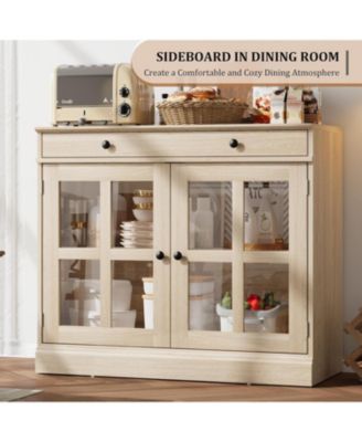 Modern Buffet Cabinet, Sideboard Storage with Glass Doors, Adjustable Shelf Large Drawer Cabinet, Dining Room Kitchen Entryway Cupboard