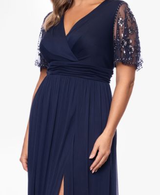  Plus Size Beaded Sleeve Slit Gown