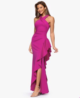  Petite Cross-Neck Ruffle Gown
