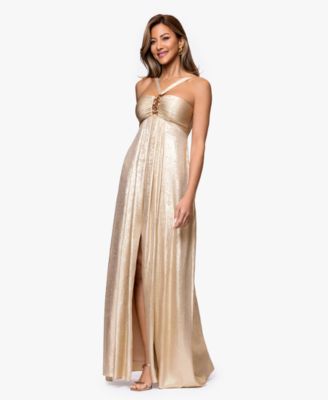  Petite Metallic Hardware Halter Neck Gown