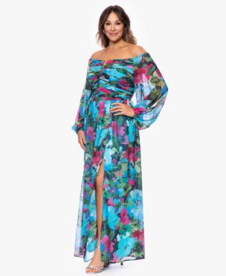  Plus Size Off-The-Shoulder Long-Sleeve Printed Gown