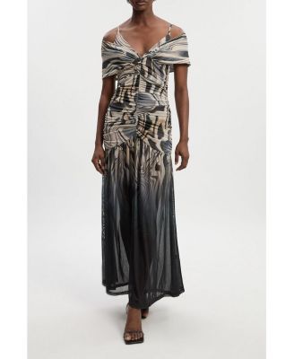 Women's Marble Print Mesh Plunge Maxi Dress