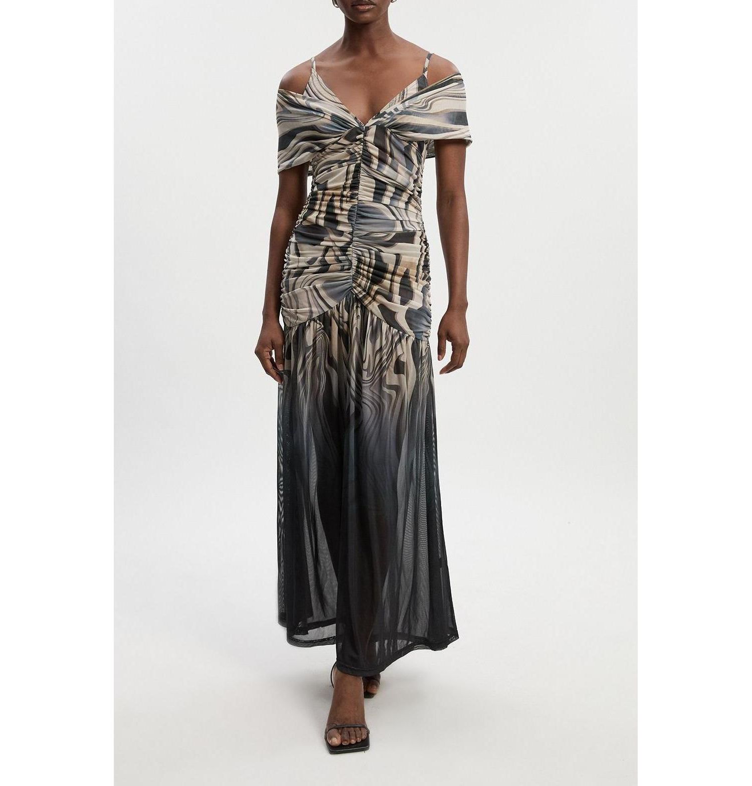Women's Marble Print Mesh Plunge Maxi Dress