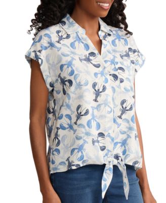 Women's Collared Neck Linen-Blend Tie-Front Top