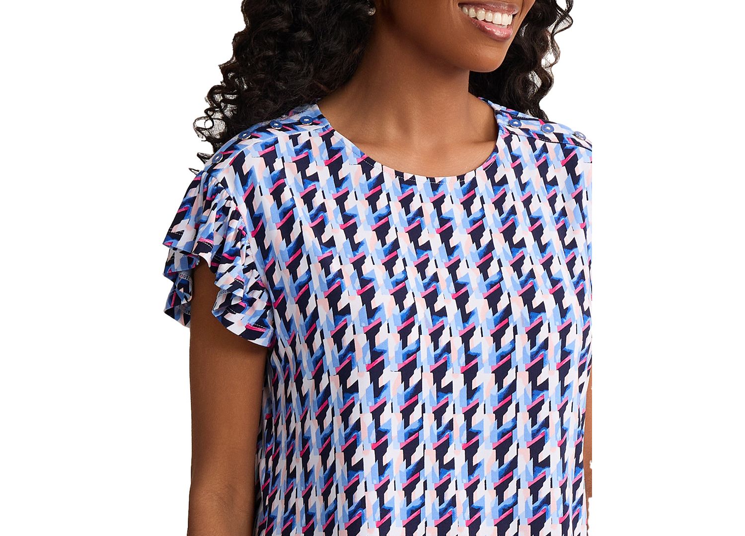 Petite Round Neck Flutter Short-Sleeve Top