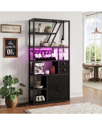 Bar Cabinet with Power Outlets, 71.2" Tall Wine Liquor Cabinets with LED Lights