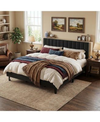 KING Size Bed Frame, Velvet Upholstered Platform Bed with Adjustable Vertical Channel Tufted Headboard, No Box Spring Needed, Easy Assembly