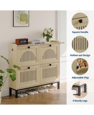 Modern 4 Turn Over Drawer Shoe Storage Cabinet - Adjustable Shelves, Space-Saving Wooden Organizer, Hollow-Out Panel & Black Handles