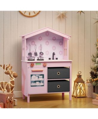 Kids Play Kitchen Toy with 2 Stoves & Rotating Knobs, Wooden Pretend Play Set