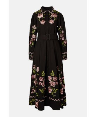 Women's Rose Embroidered Cotton Shirt Dress