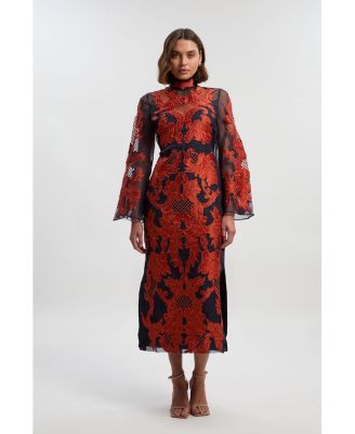 Women's High Neck Embroidered Midi Dress