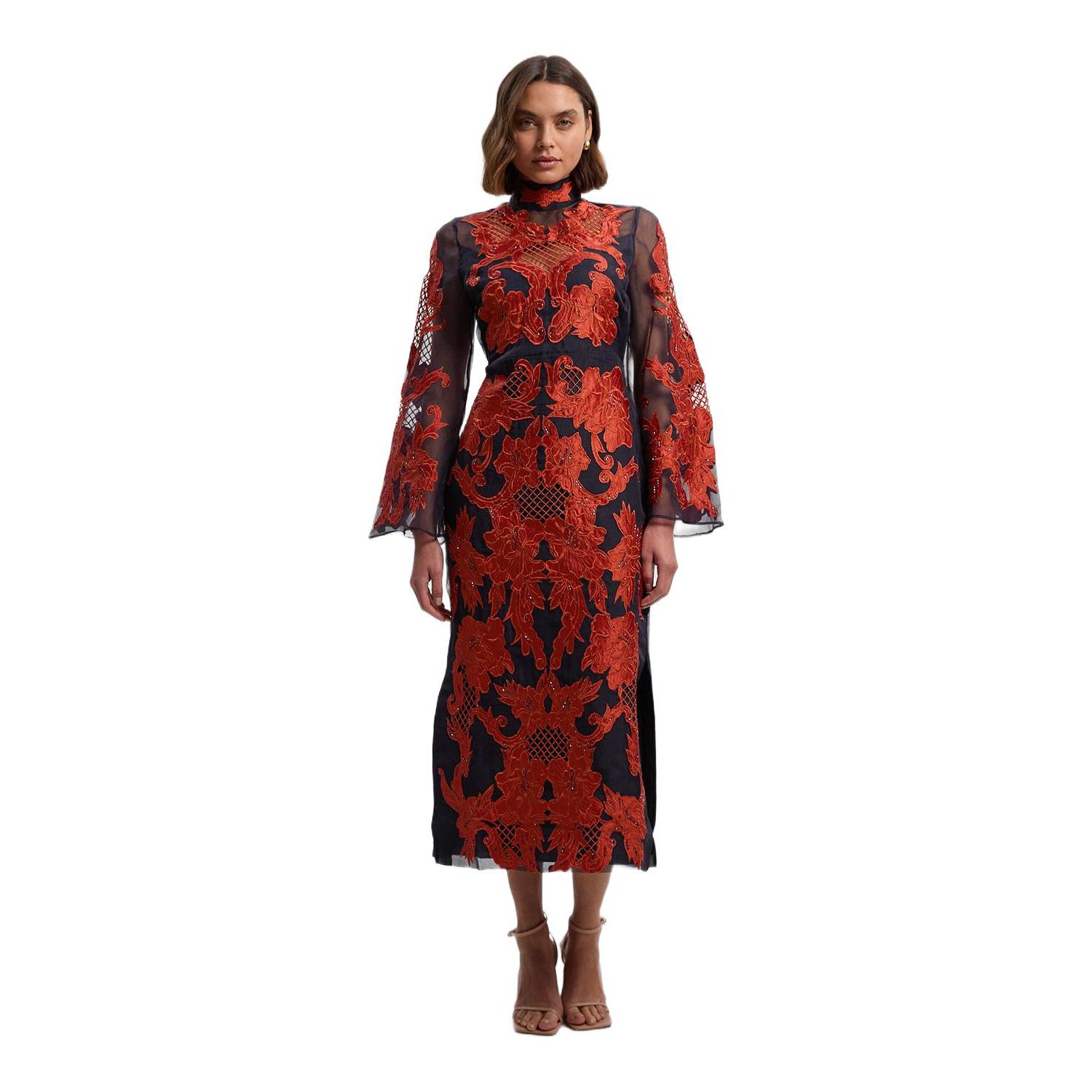 Women's High Neck Embroidered Midi Dress