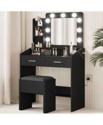 Modern Vanity Desk with Large Mirror, Dimmable LED Lights, Power Outlet, 7 Drawers & Cushioned Stool