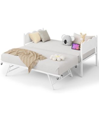 Daybed with Trundle, Twin Size Day Bed with Metal Slat Support & Lockable Casters, Wavy Headboard with Wood Grain, Space-Saving Sofa Bed